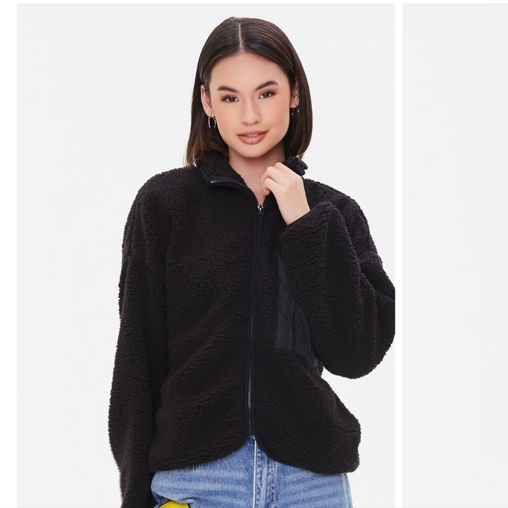Forever 21 Faux Shearling Cropped Zip Up Jacket Size Medium